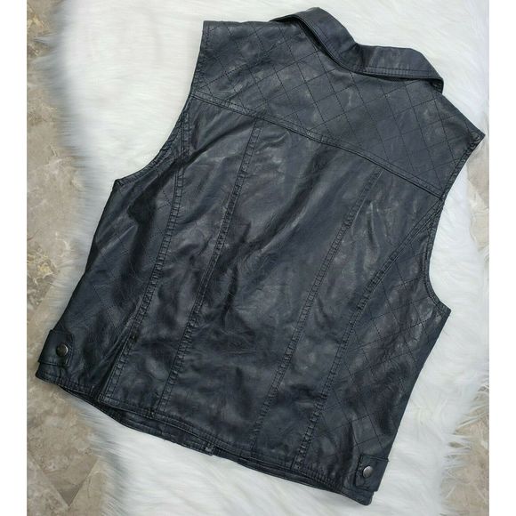 ASHLEY Size M Dark Gray Faux Leather Vest Moto Zip - Picture 2 of 7